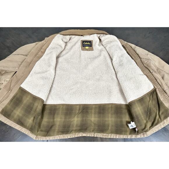 Vtg Cabelas Jacket Beige Field Chore Coat Sherpa Fleece Lined Canvas XL Tall - Picture 2 of 16